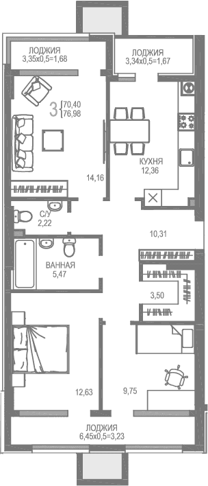 3-комн., 70.4 м²
