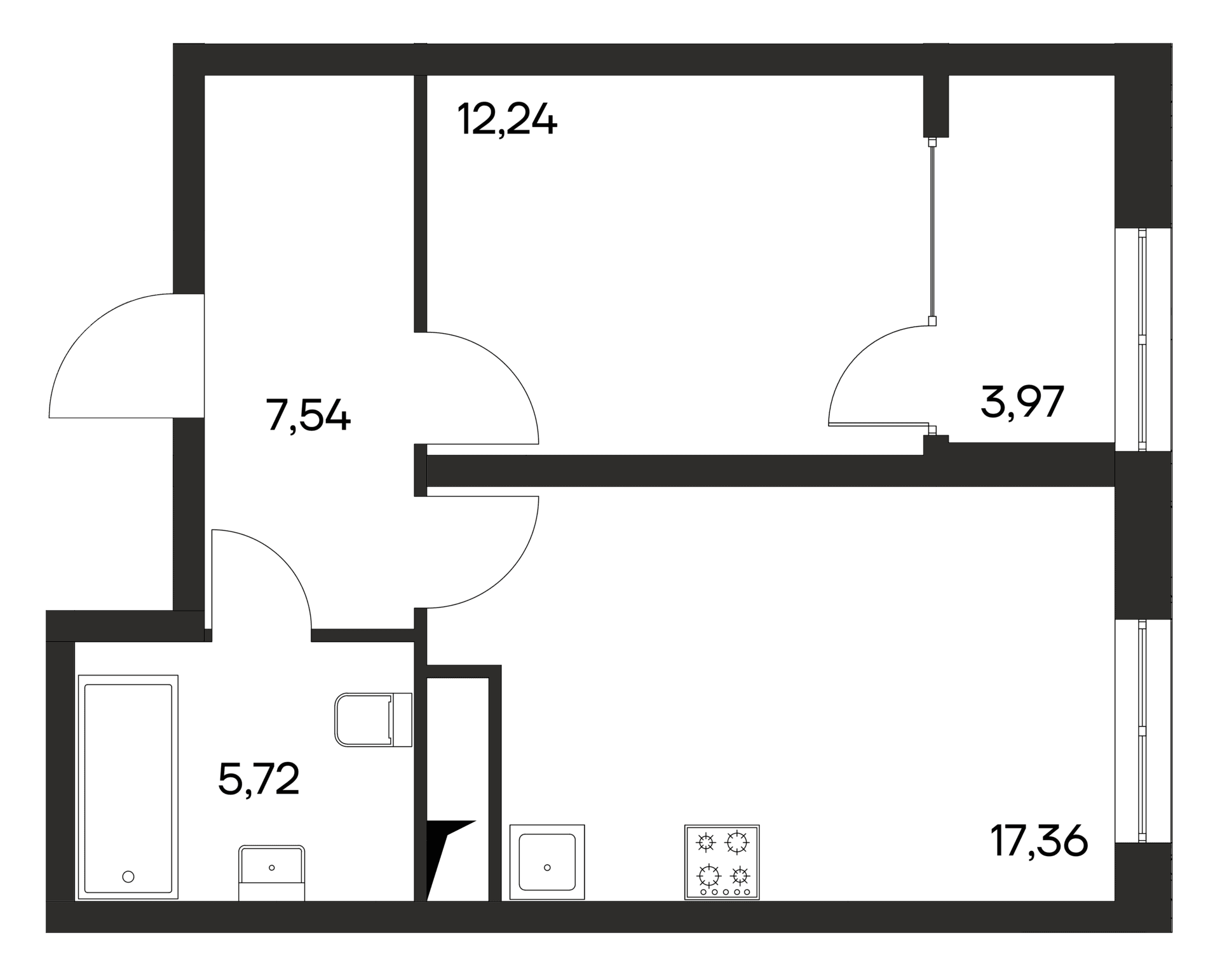 1-комн., 42.86 м²