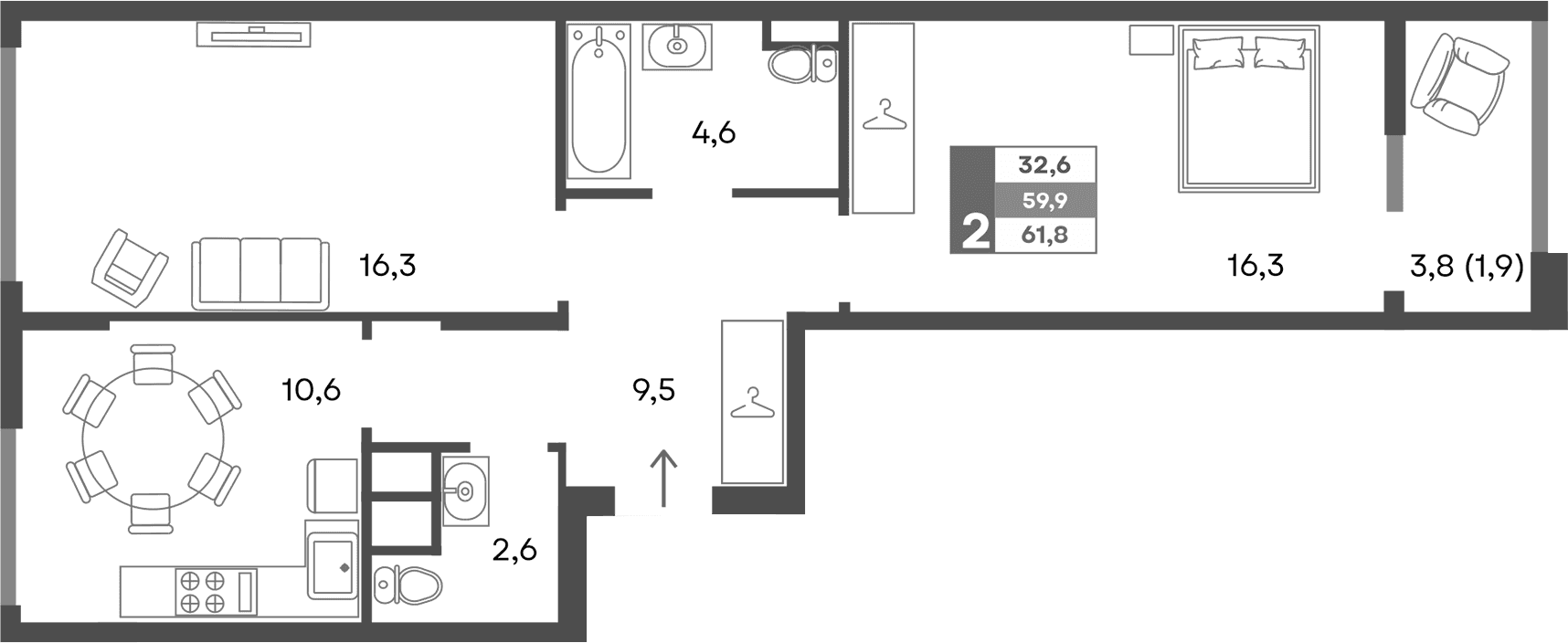 2-комн., 59.9 м²