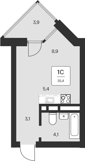 Студия, 21.5 м²