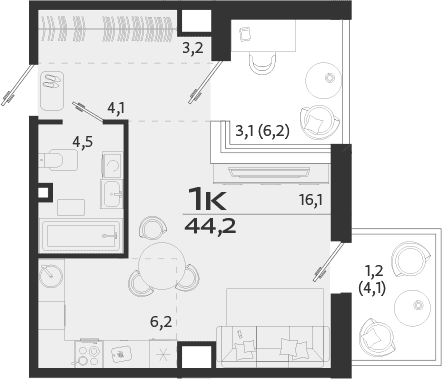 Студия, 33.9 м²