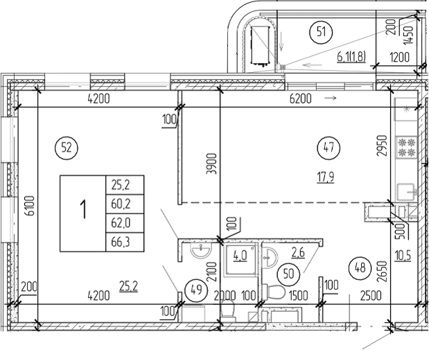 1-комн., 64.5 м²
