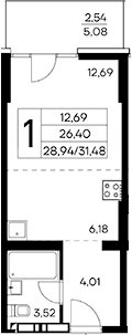 Студия, 28.94 м²