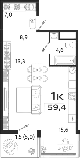Студия, 54.4 м²
