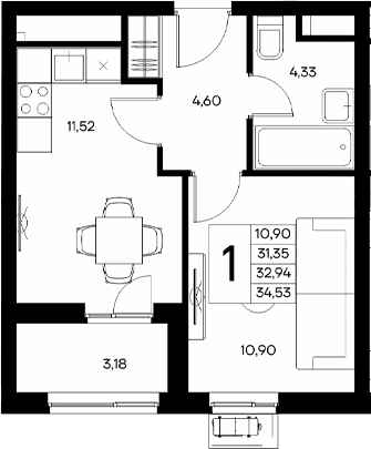 1-комн., 31.35 м²
