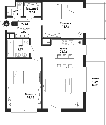 3-комн., 72.15 м²