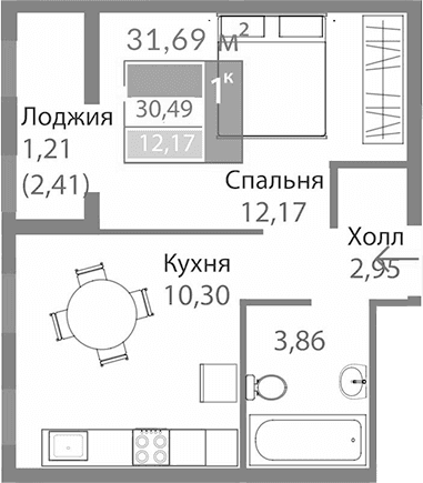 1-комн., 29.28 м²