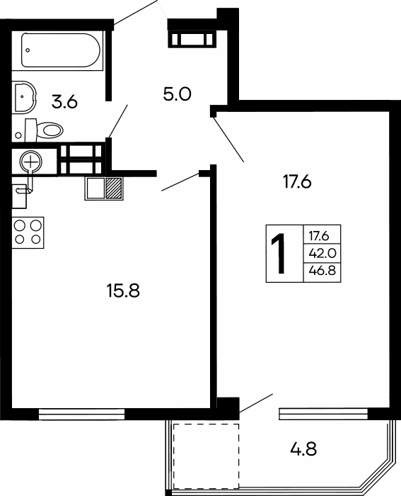 1-комн., 42 м²