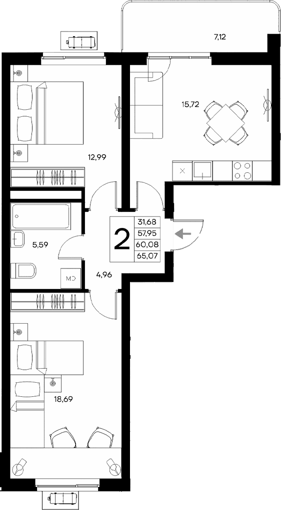 2-комн., 57.95 м²