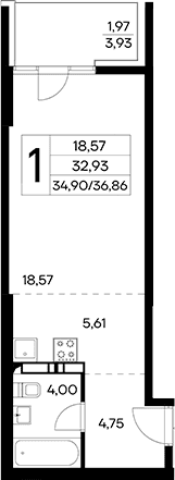 Студия, 34.89 м²