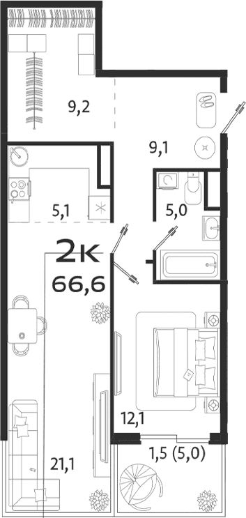 2-комн., 61.6 м²