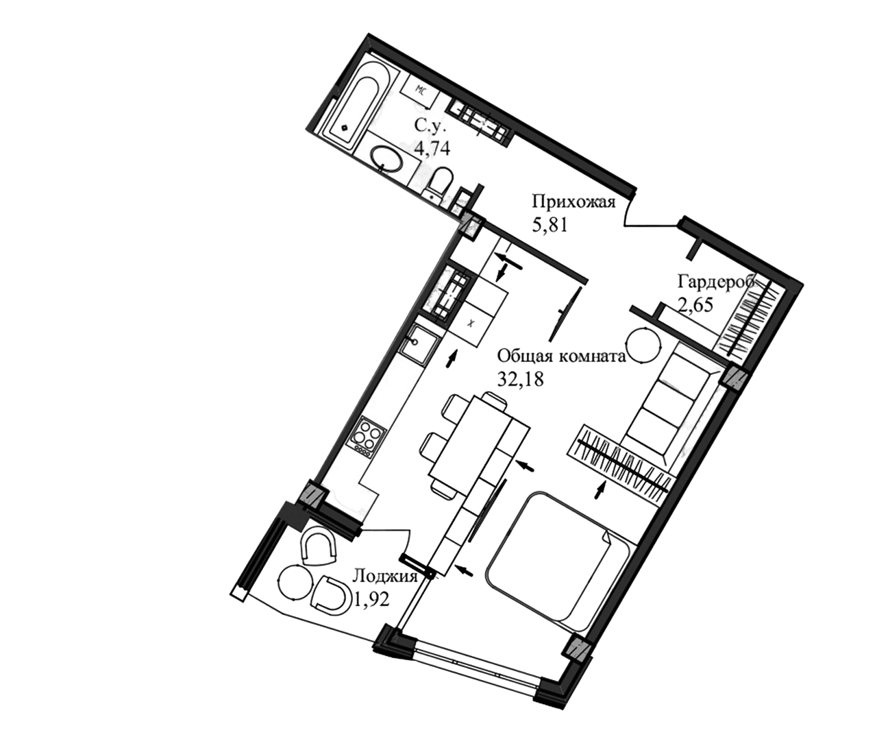 Студия, 46.88 м²