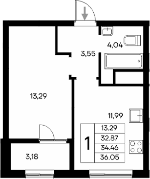 1-комн., 32.87 м²