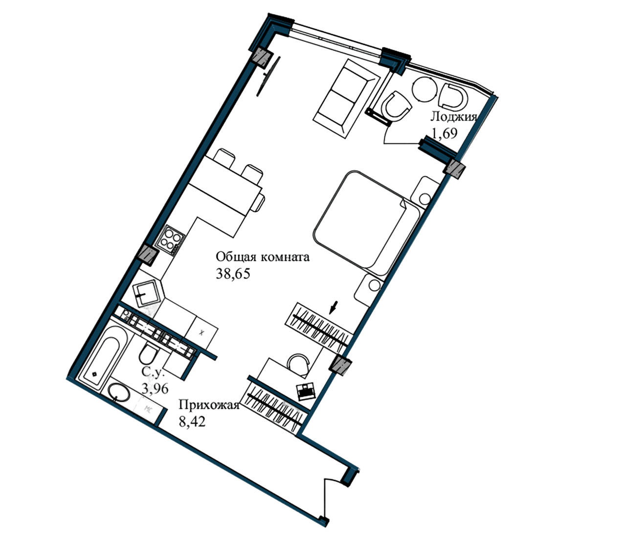 Студия, 53.01 м²