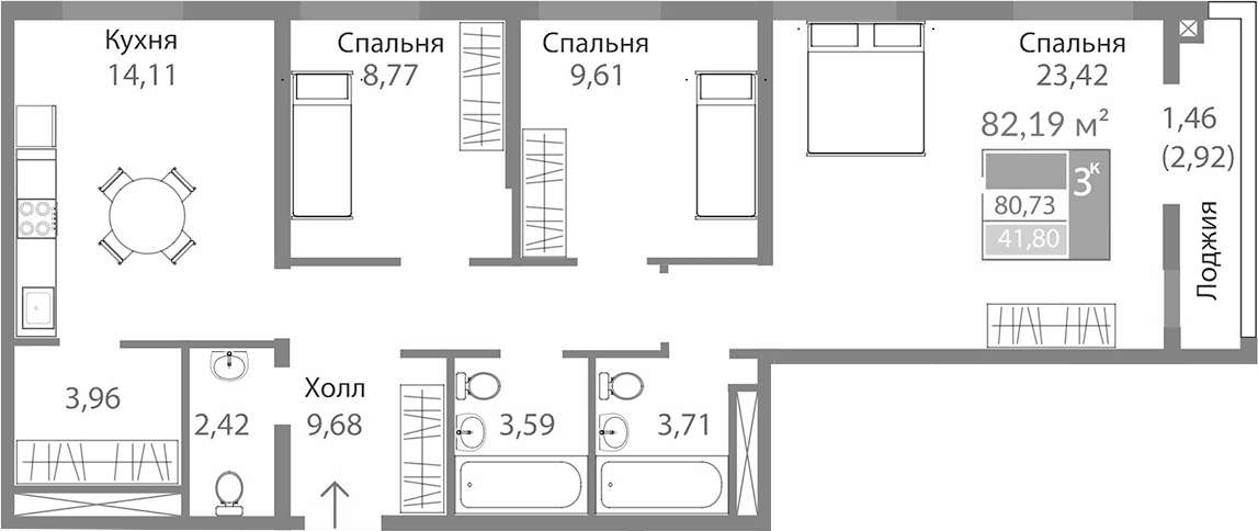 3-комн., 79.27 м²