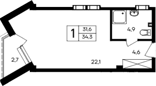 Студия, 31.6 м²