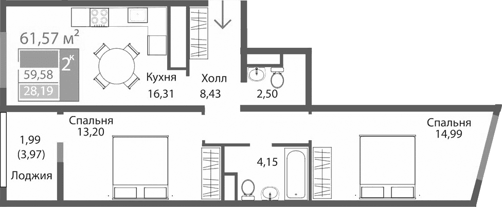 2-комн., 59.58 м²