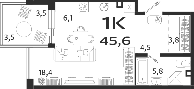 Студия, 38.6 м²