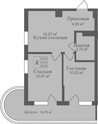 2-комн., 43.91 м²