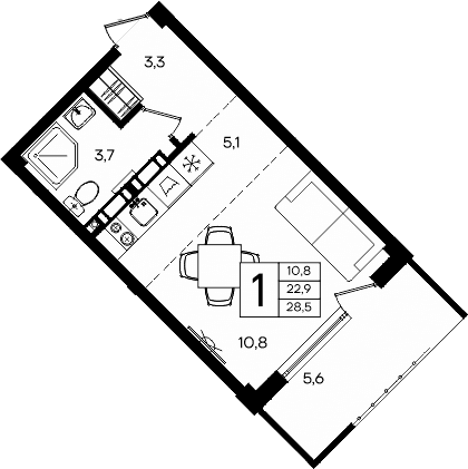 Студия, 22.9 м²