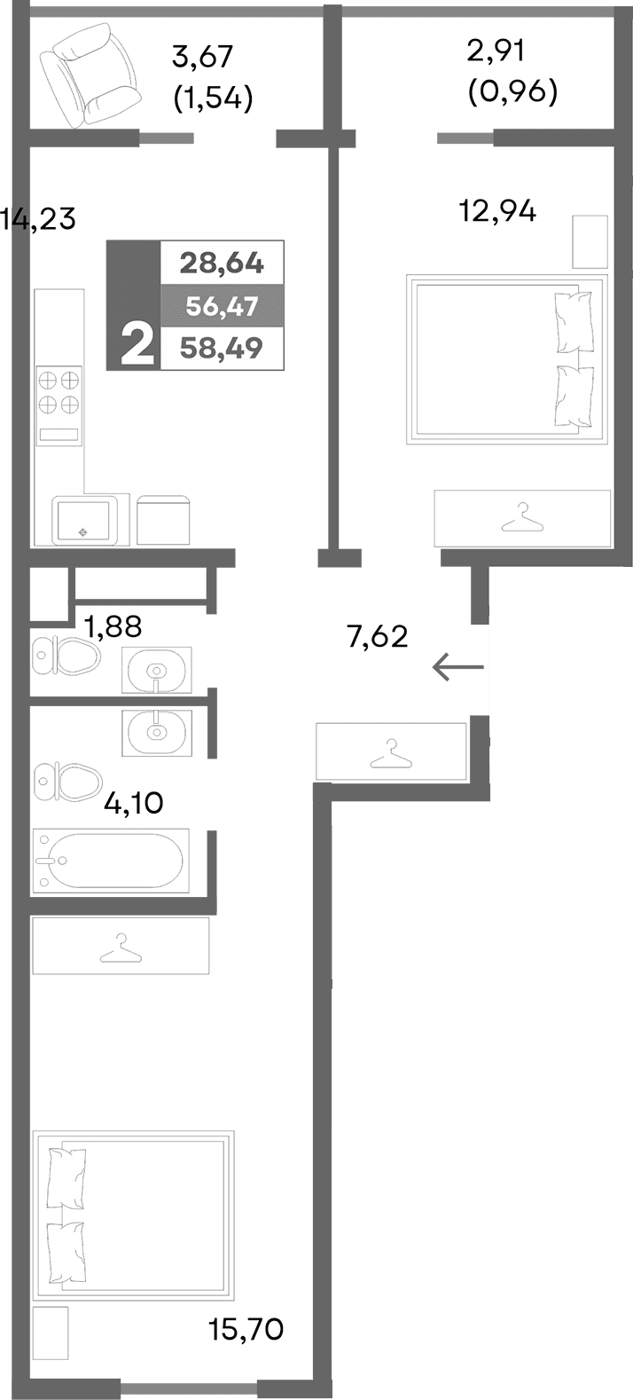 2-комн., 55.99 м²