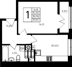 1-комн., 34.3 м²