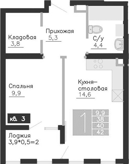 1-комн., 38 м²