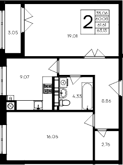 2-комн., 60.08 м²