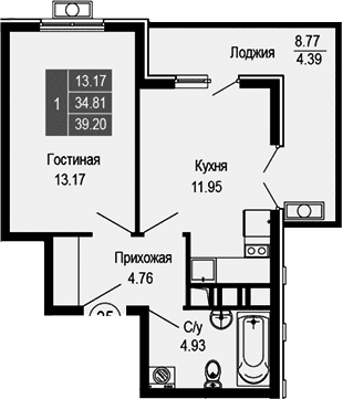 1-комн., 34.81 м²