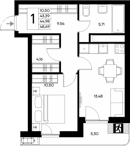 1-комн., 43.39 м²