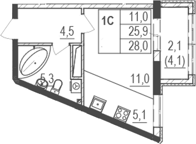 Студия, 25.9 м²