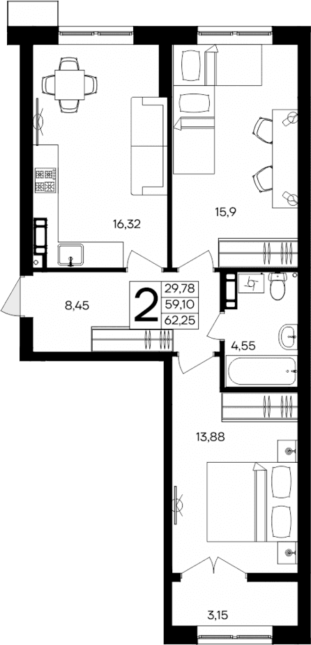 2-комн., 59.1 м²