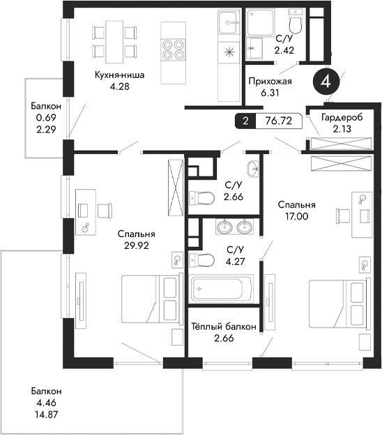 2-комн., 68.91 м²