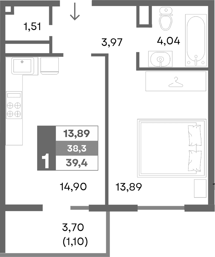 1-комн., 38.3 м²