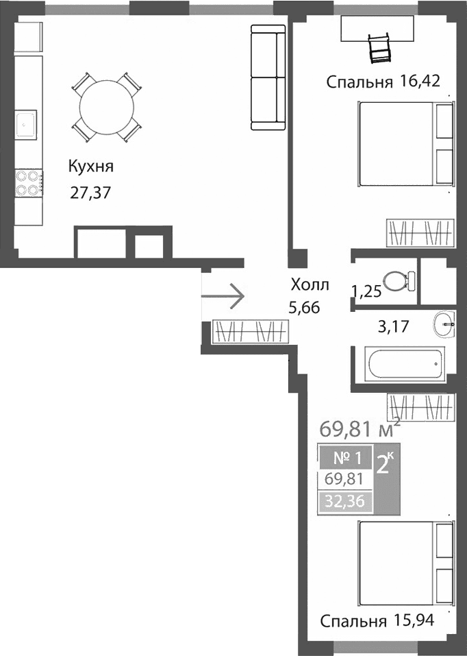2-комн., 69.81 м²
