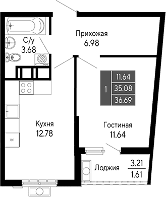 1-комн., 35.08 м²