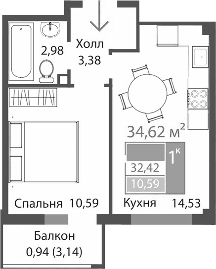 1-комн., 31.48 м²