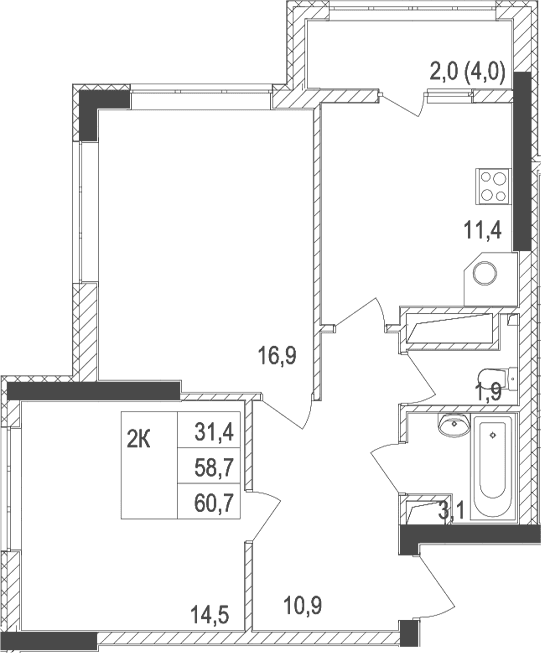 2-комн., 58.7 м²