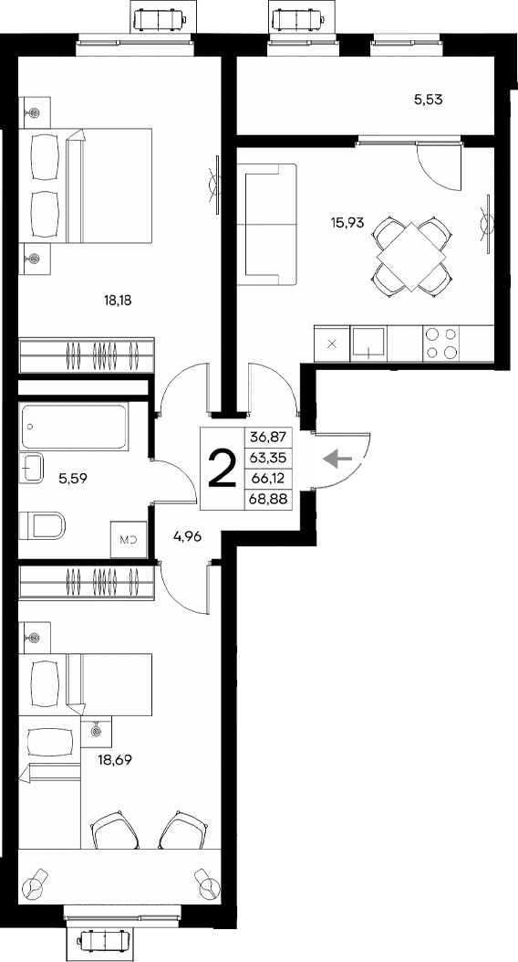 2-комн., 63.35 м²