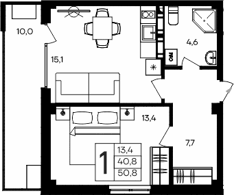 1-комн., 40.8 м²