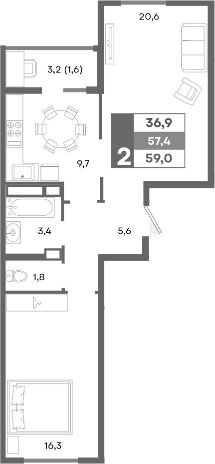 2-комн., 57.4 м²