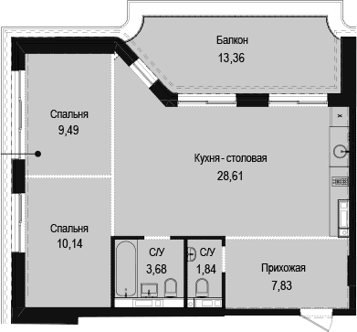 2-комн., 61.59 м²