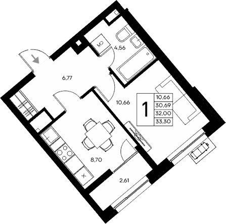 1-комн., 30.69 м²