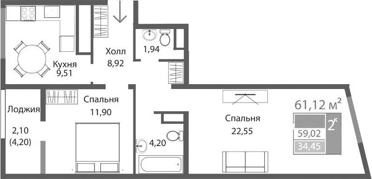 2-комн., 59.02 м²