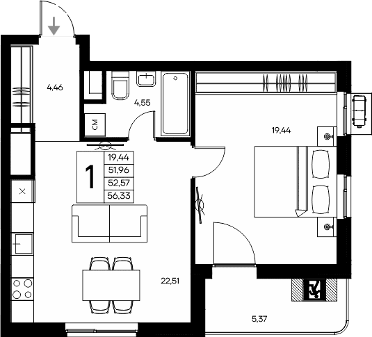 1-комн., 50.96 м²