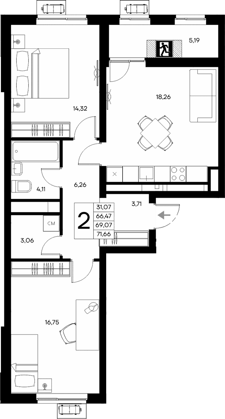 2-комн., 66.47 м²