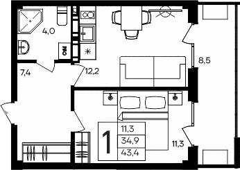 1-комн., 34.9 м²