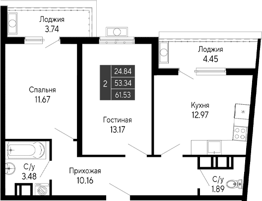 2-комн., 53.34 м²