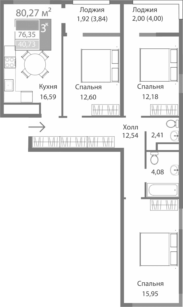 3-комн., 76.35 м²