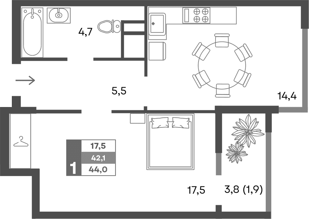 1-комн., 42.1 м²